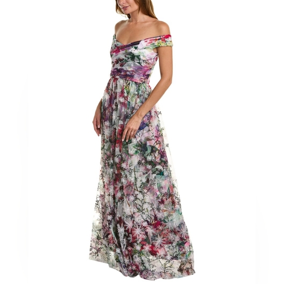 MARCHESA Off-the-shoulder pintucked floral-print tulle gown - Picture 3 of 7